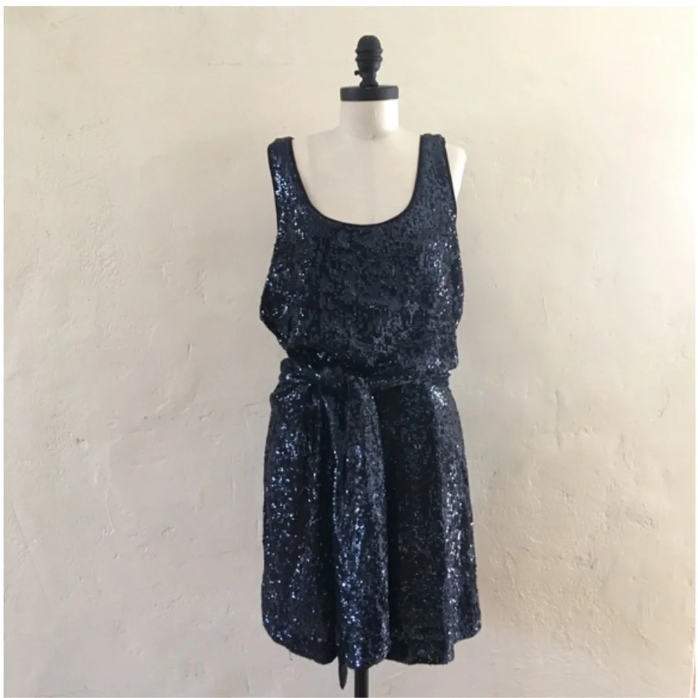 Tory Burch Alton Blue Sequin Belted Sleeveless Dress - Picture 9 of 10